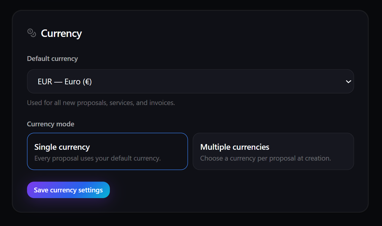 Single vs Multiple toggle and the default-currency dropdown
