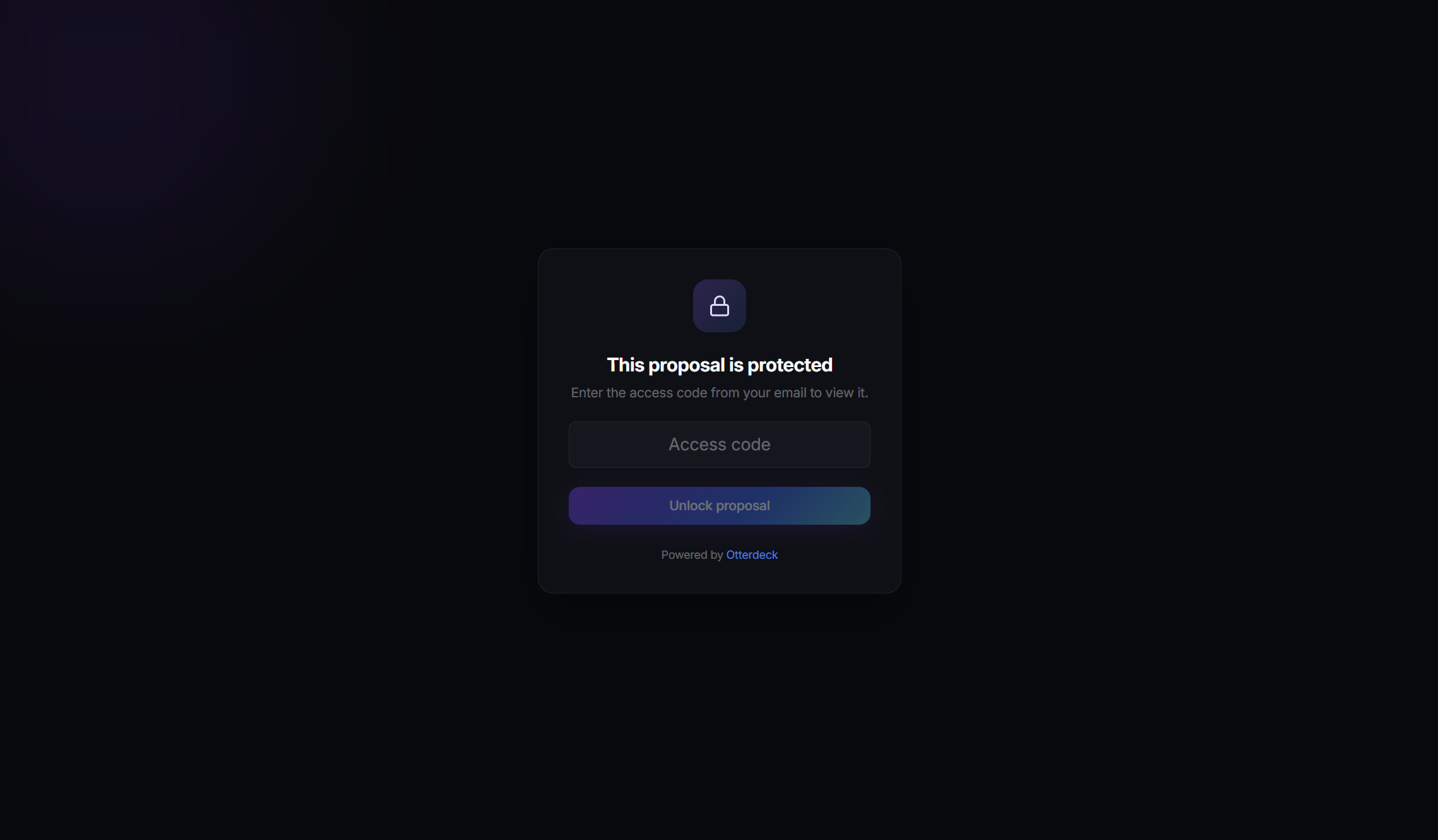 The client-facing access-code screen prompting for a password before the proposal loads.