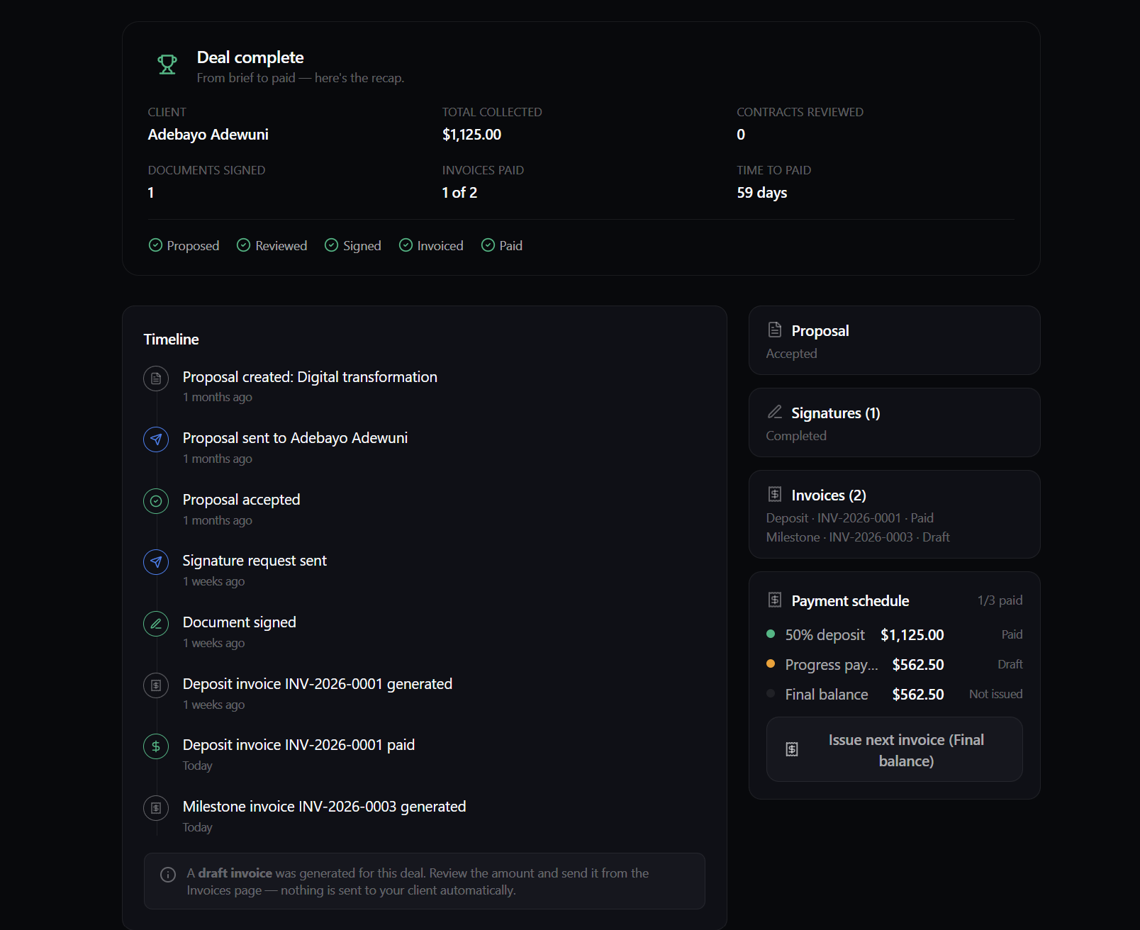 Deal workspace timeline with a three-part payment schedule and its milestone invoices