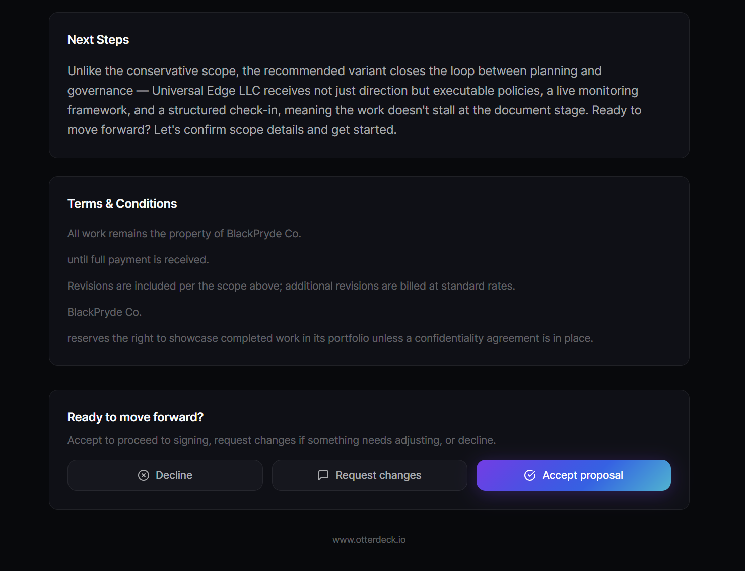The client proposal view showing Accept, Request changes, and Reject